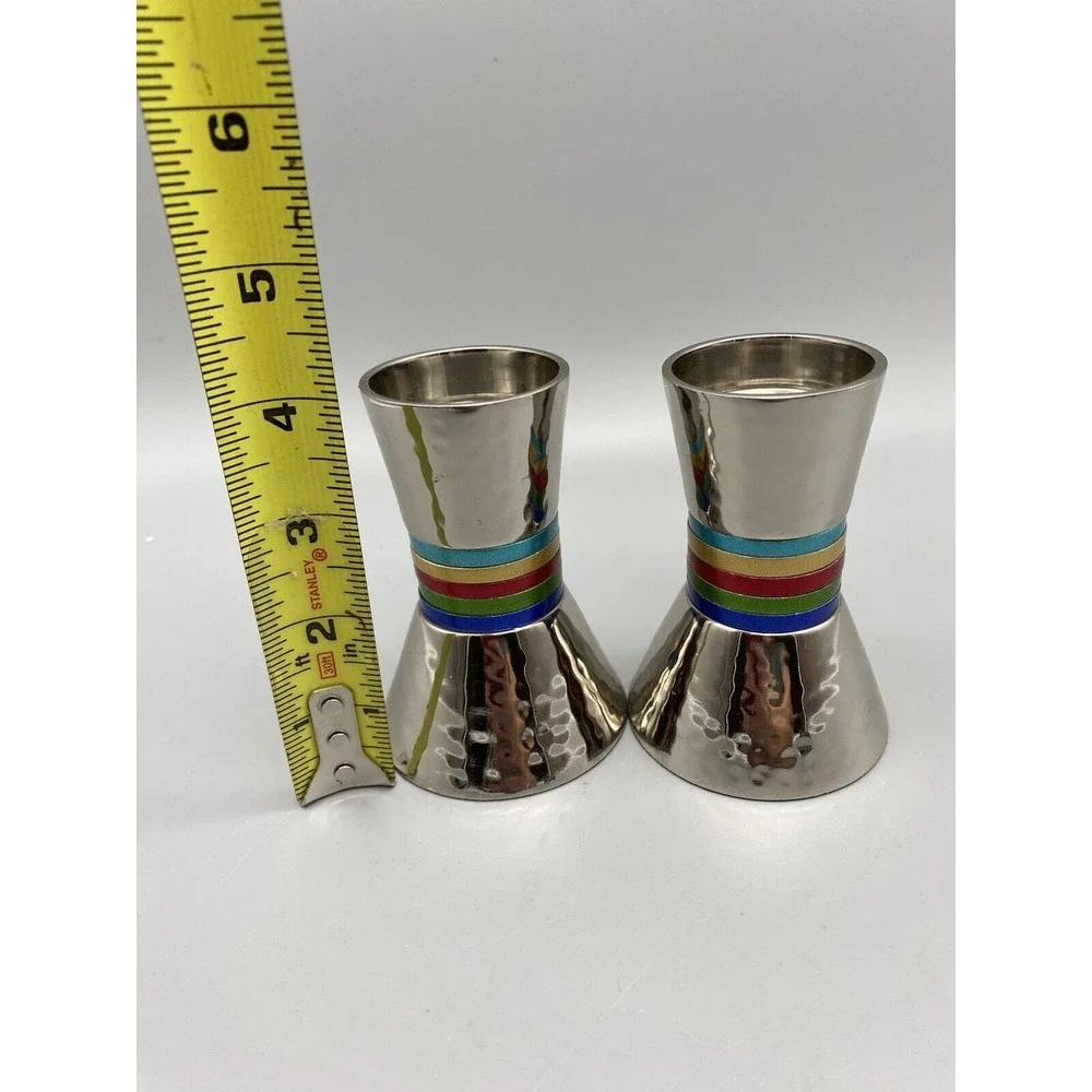Candlesticks Hammered Metal Designed with Colored Rings | Judaica | Multicolo...